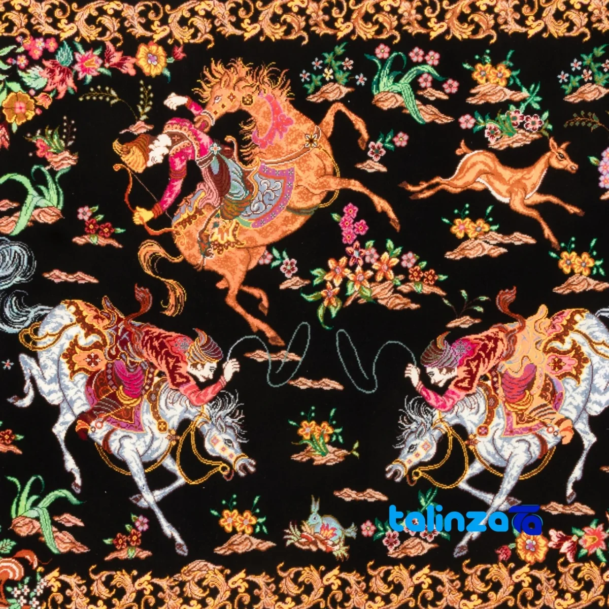 Detail view of Si Persia Handwoven Tapestry Hunting Scene pile texture close-up