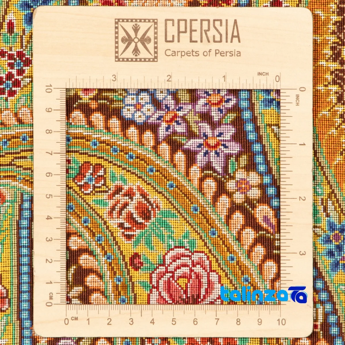 Packaging view of C Persia Handwoven Tapestry Flower Design label and