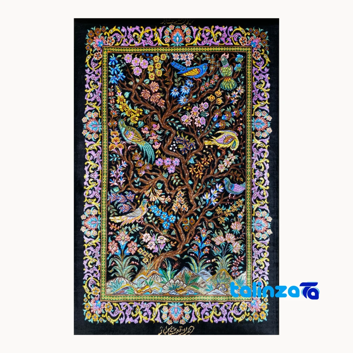 Detail view of Komeh Handwoven Carpet Wall Art Bird Design pile texture close-up