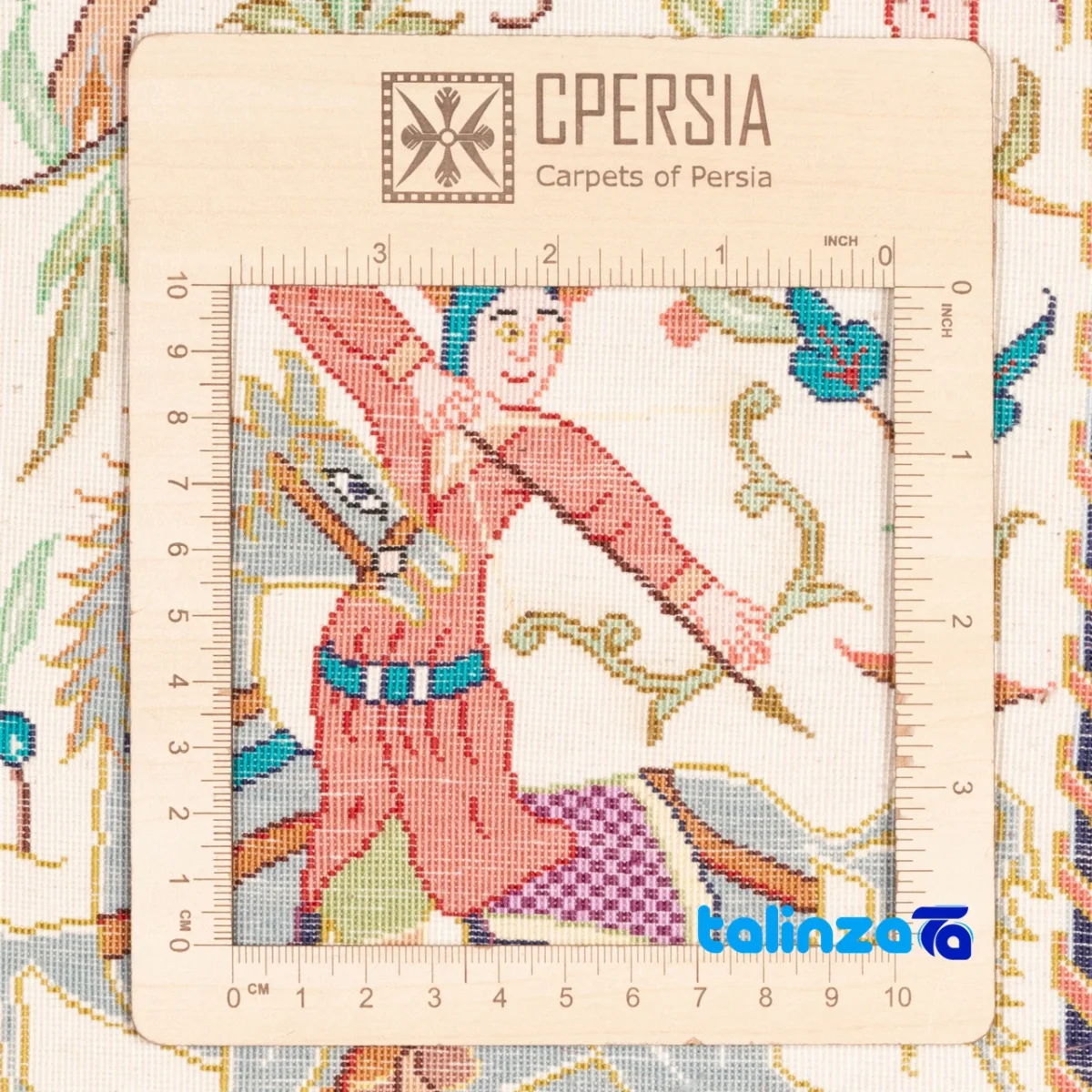 Detail view of Si Persia Handwoven Carpet Wall Art Hunting Scene pile texture close-up