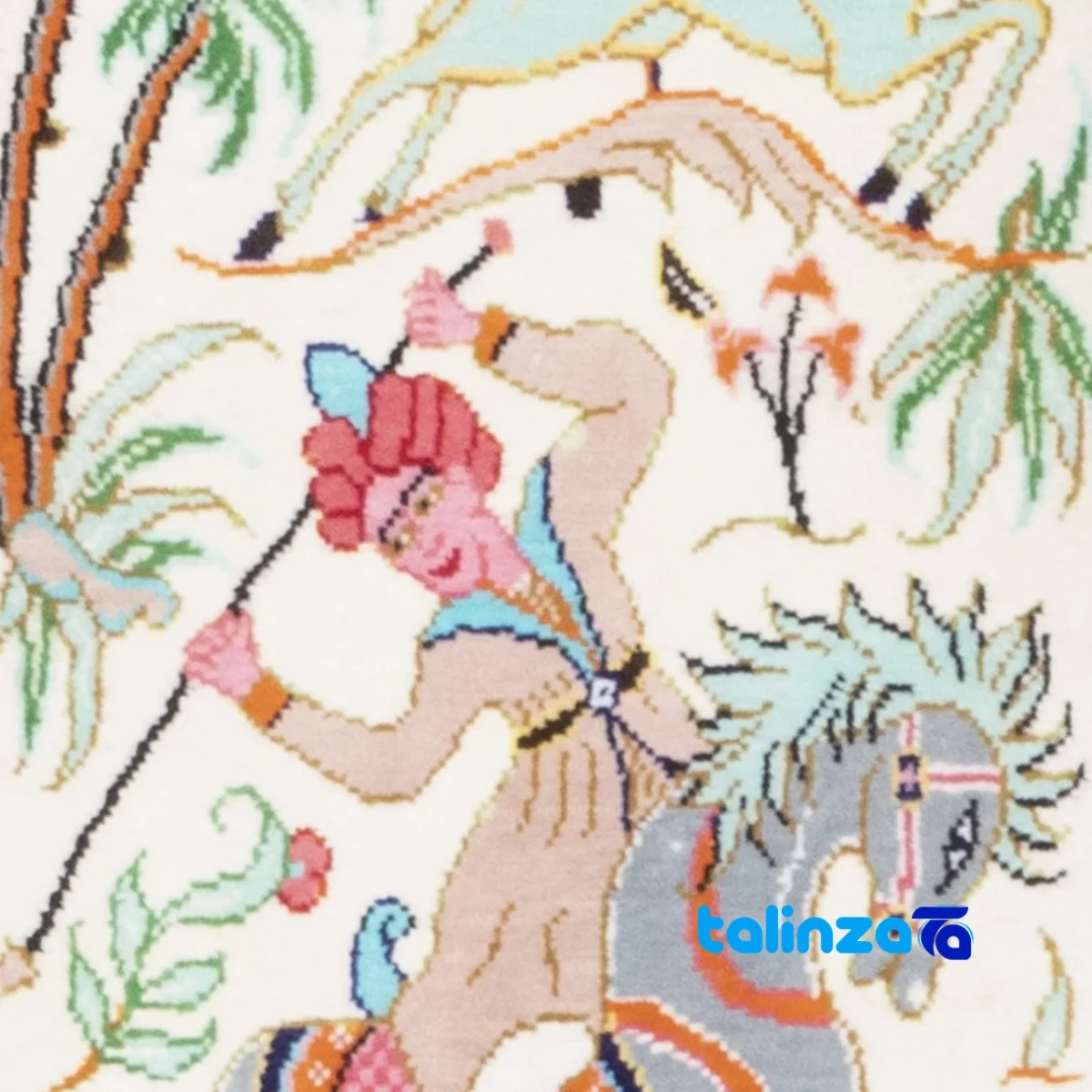 Detail view of C Persia Handwoven Carpet Tapestry Hunting Scene pile texture close-up