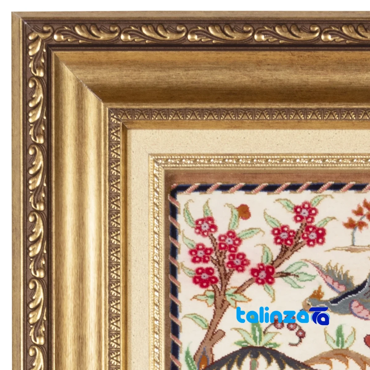 Packaging view of C Persia Handwoven Tapestry Miniature Hunting Scene label and