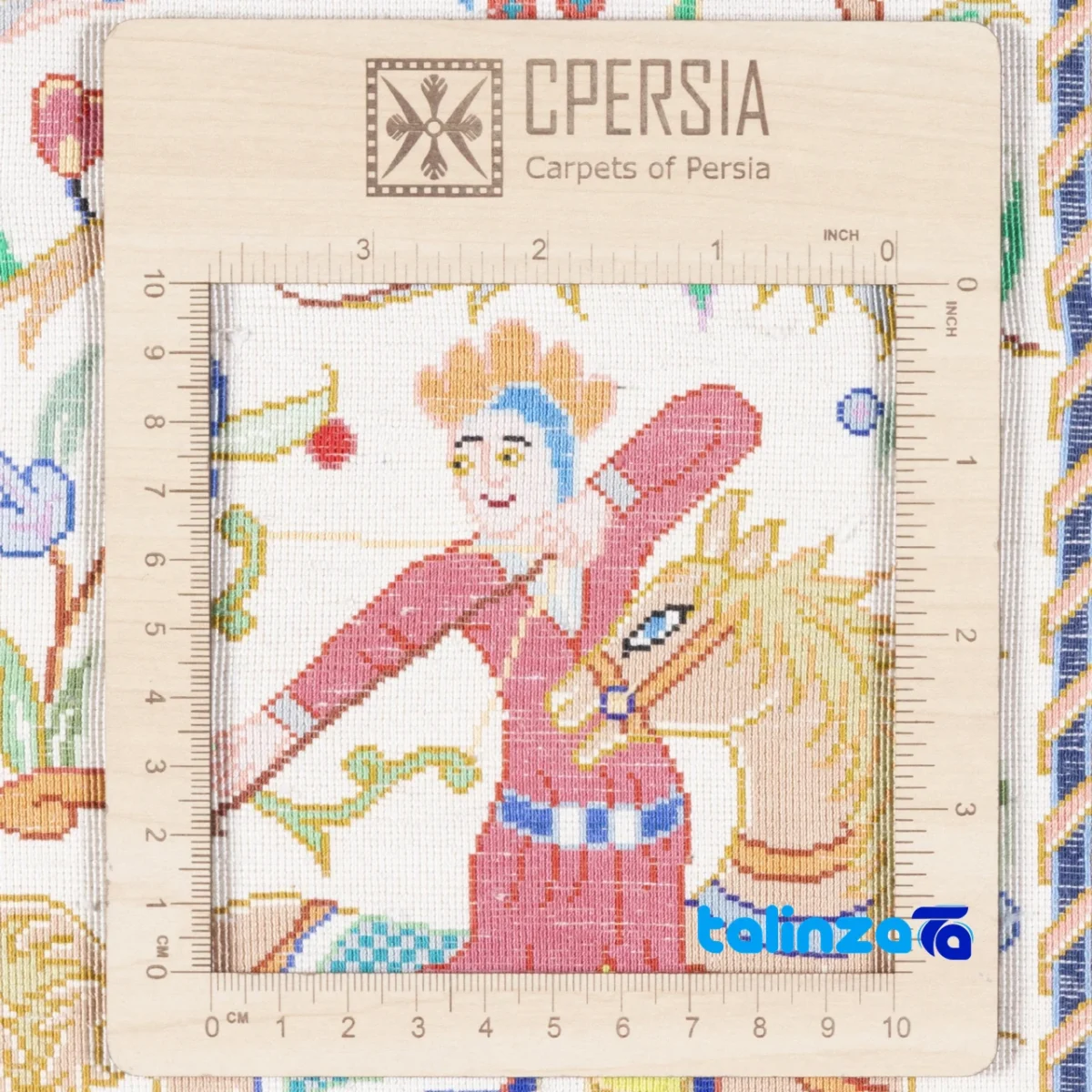 Detail view of C Persia Handwoven Carpet Wall Art Hunting Scene pile texture close-up