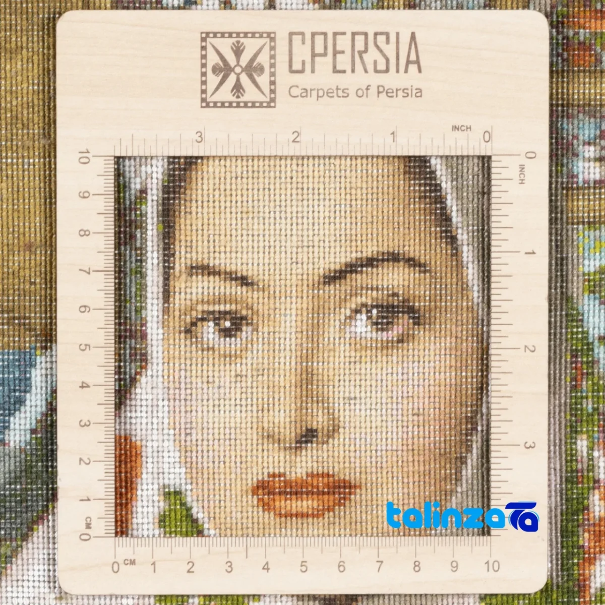 Detail view of C Persia Handwoven Carpet Wall Art Girl Kashan pile texture close-up