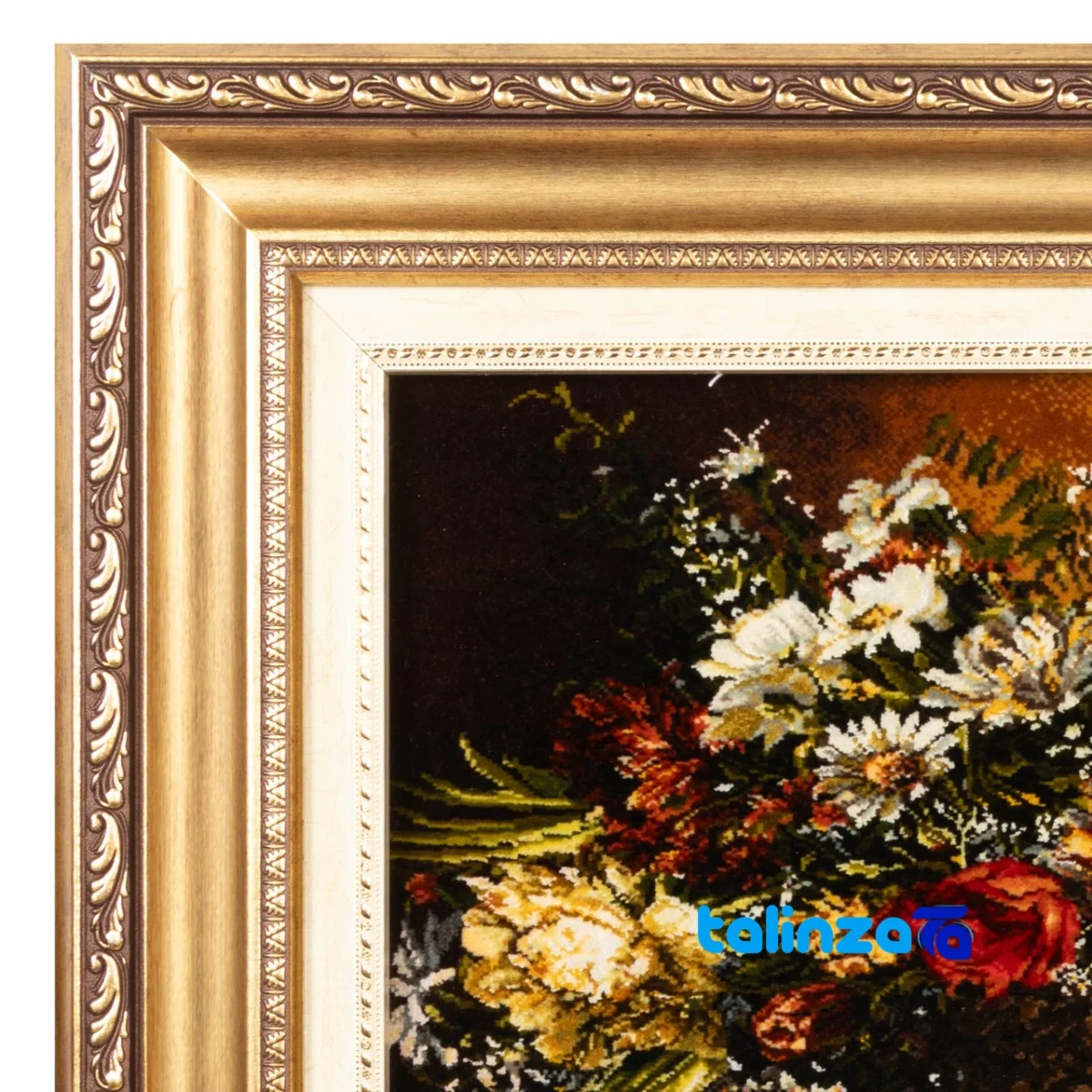 Detail view of C Persia Handwoven Carpet Wall Art Floral Design pile texture close-up