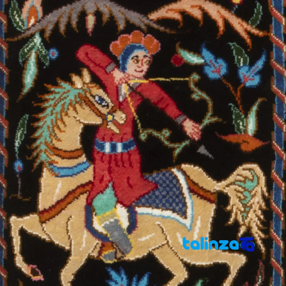 Detail view of Si Persia Handwoven Tapestry Hunting Scene pile texture close-up