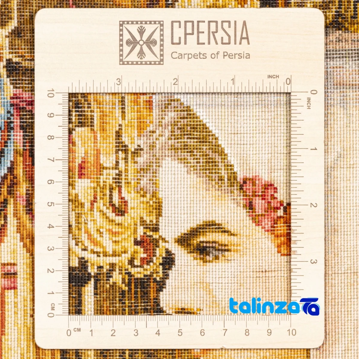 Detail view of C Persia Handwoven Tapestry Qajar Girl Artwork pile texture close-up