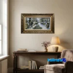 Detail view of Handwoven Tapestry Landscape Art with Frame pile texture close-up