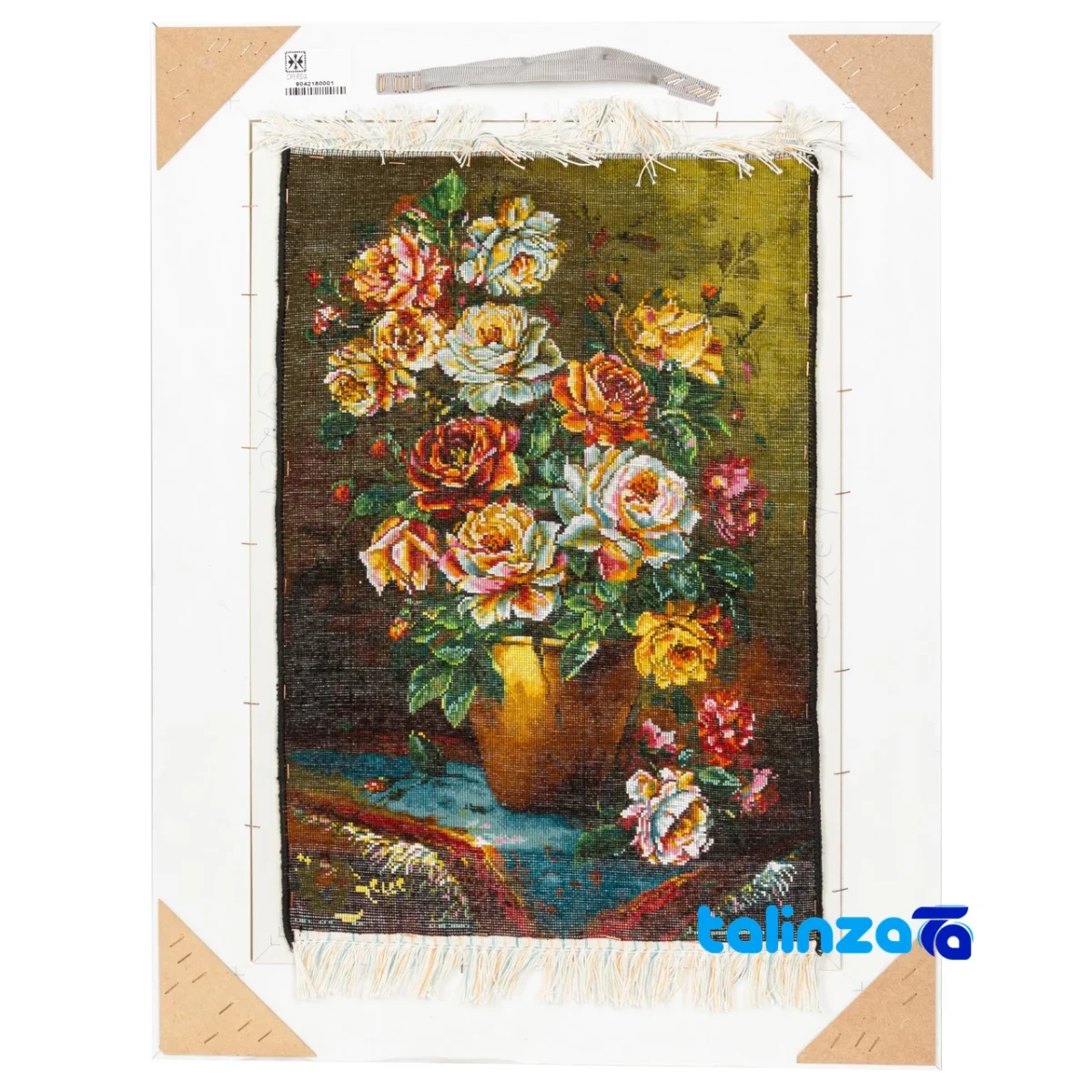 Packaging view of C Persia Handwoven Tapestry Flower in Vase Design label and