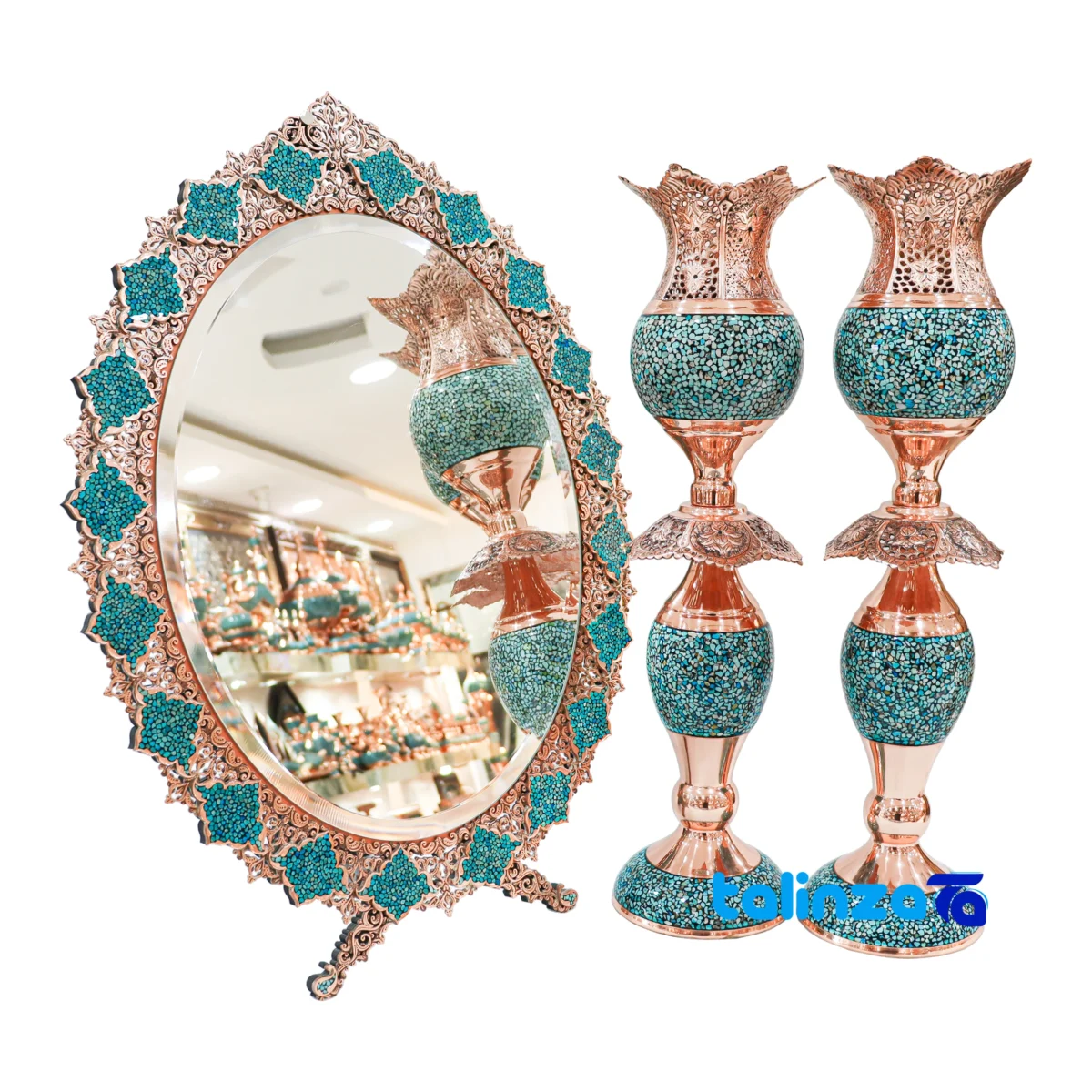 Packaging view of Fakhra Turquoise Inlaid Mirror Candle Holder Set Copper label and