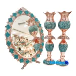 Packaging view of Fakhra Turquoise Inlaid Mirror Candle Holder Set Copper label and