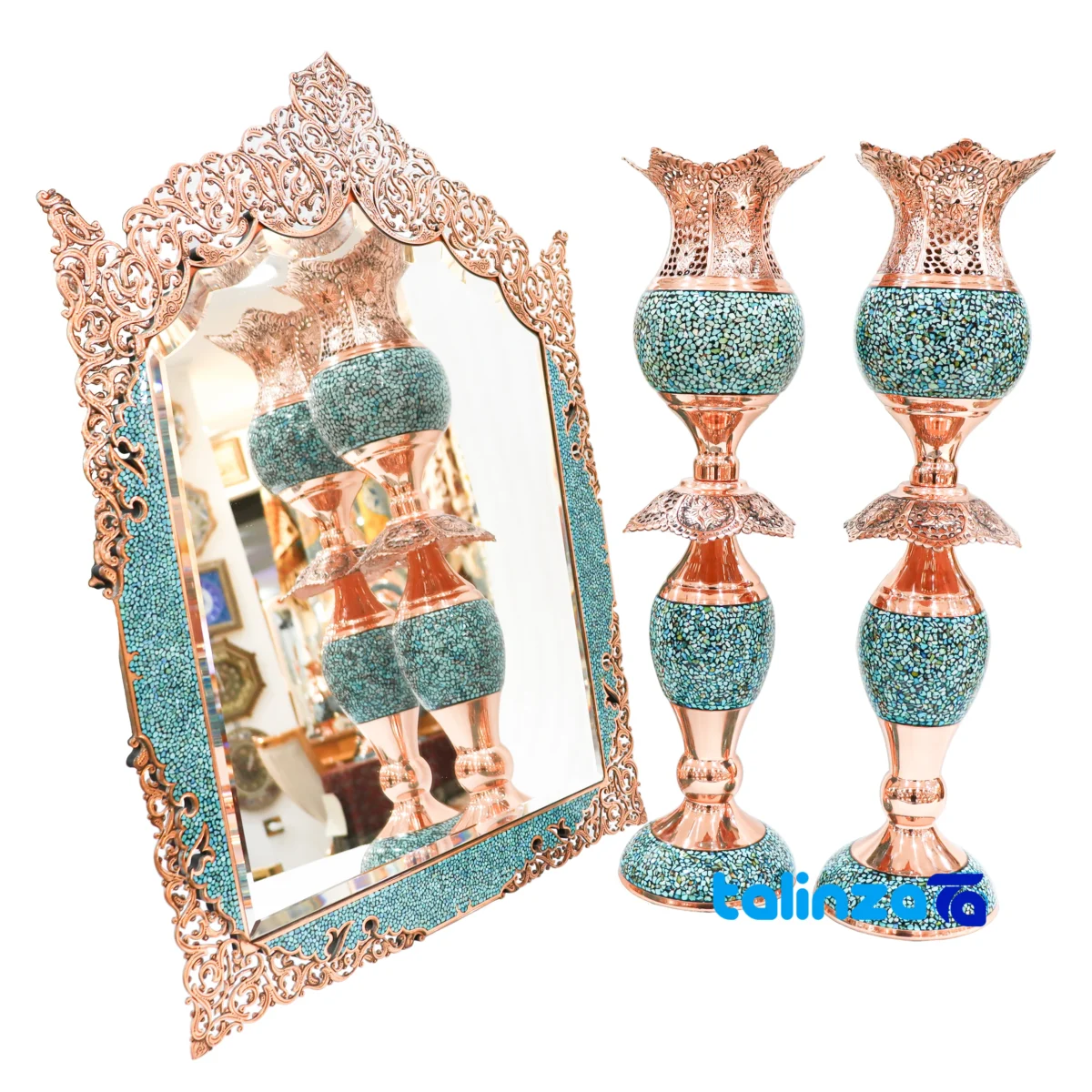 Packaging view of Handcrafted Turquoise Inlay Mirror Candlestick Set label and