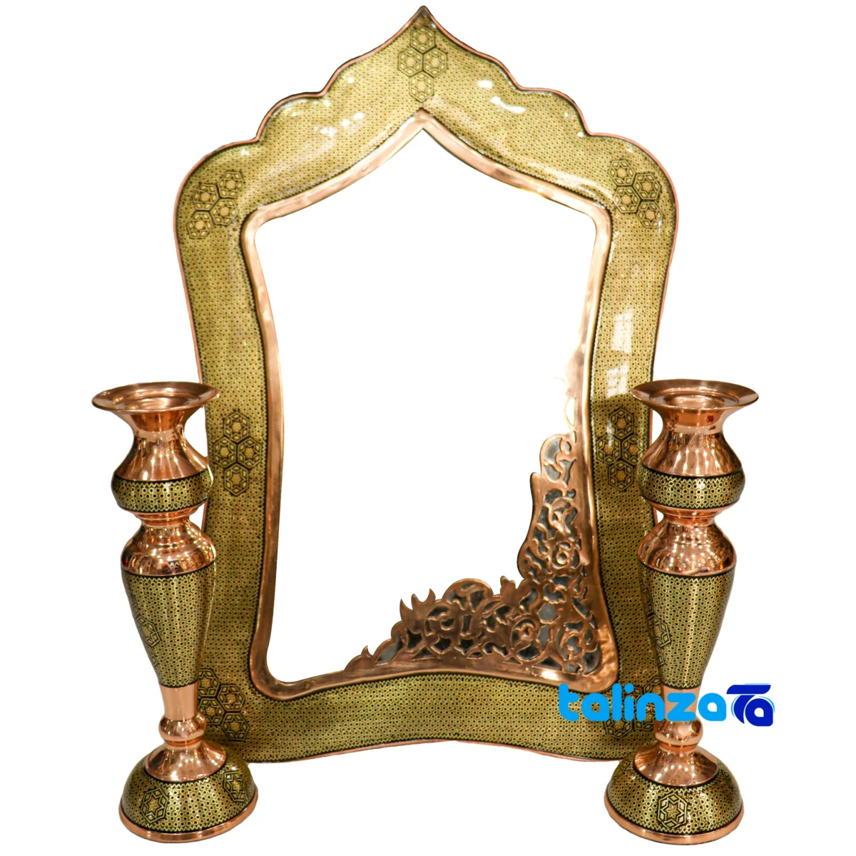 Packaging view of Khatamkari Mirror Candlestick Set Elegant Waistline Design label and