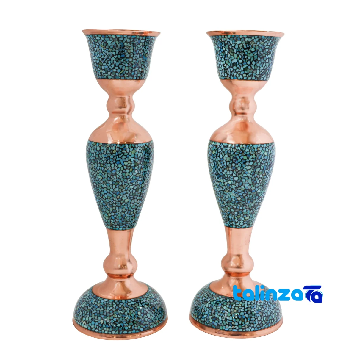 Packaging view of Turquoise Inlaid Mirror Candleholder Set Narrow Waist label and