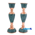 Packaging view of Turquoise Inlaid Mirror Candleholder Set Narrow Waist label and
