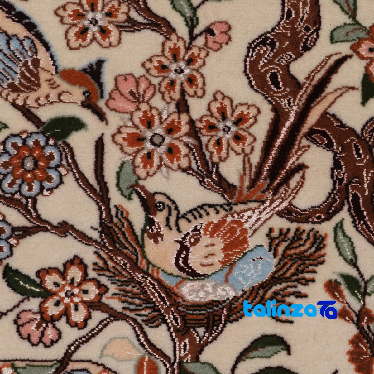 Detail view of Handwoven Persian Rug Hunting Design pile texture close-up