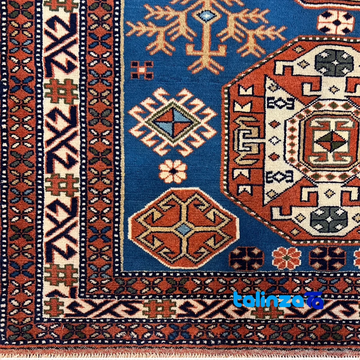 Weave close-up of Khorasan Handwoven Rug Blue Geometric Design material and craftsmanship