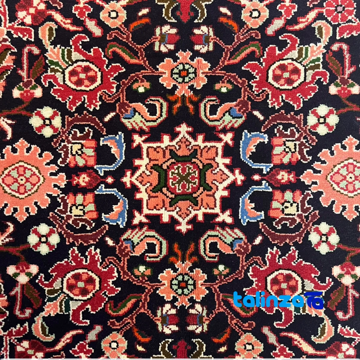 Handwoven Persian Carpet Hamadan Design - Navy Blue - Detail view showing pile texture close-up