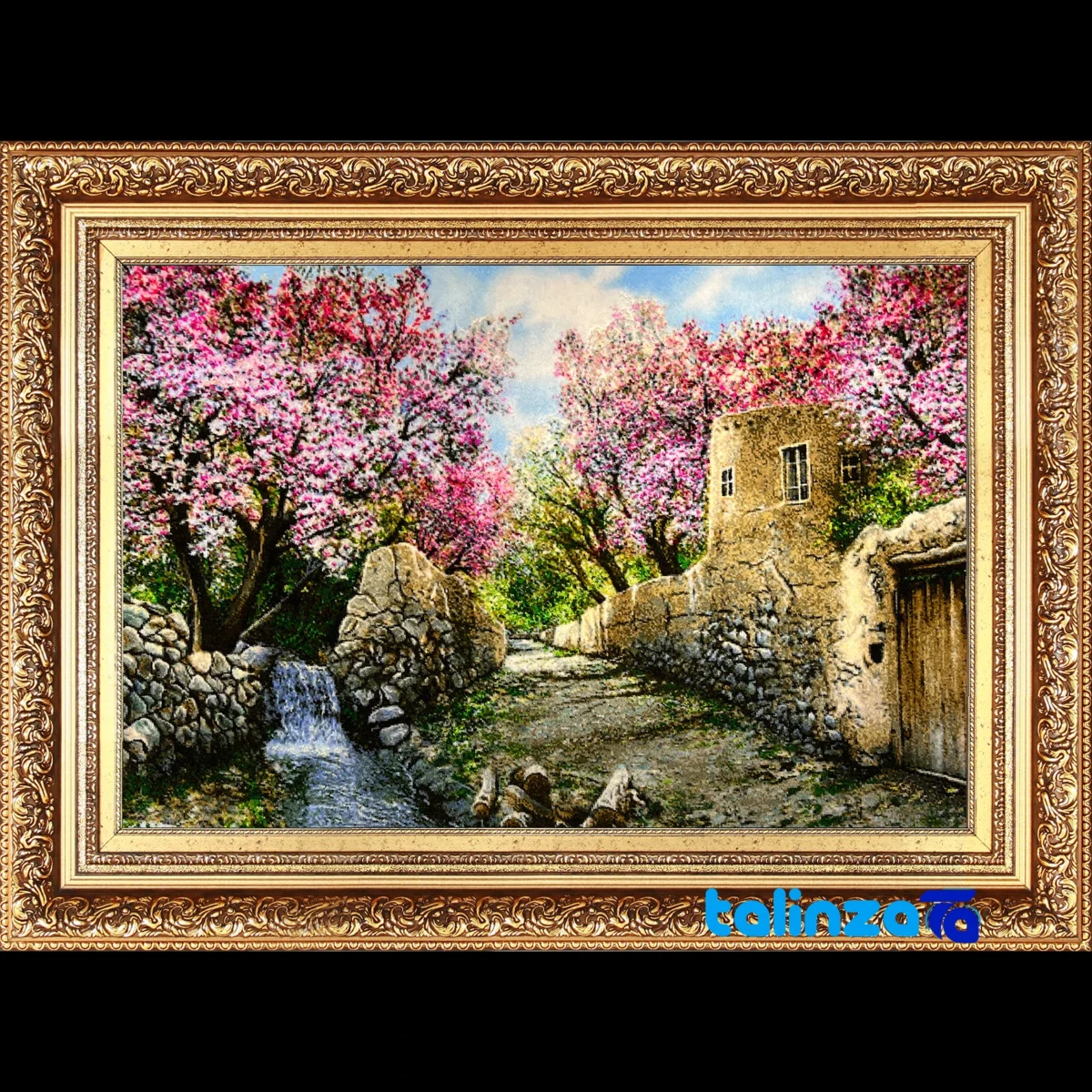 Edge view of Mirnazami Handwoven Carpet Wall Art Spring Blossom Scene border and finishing