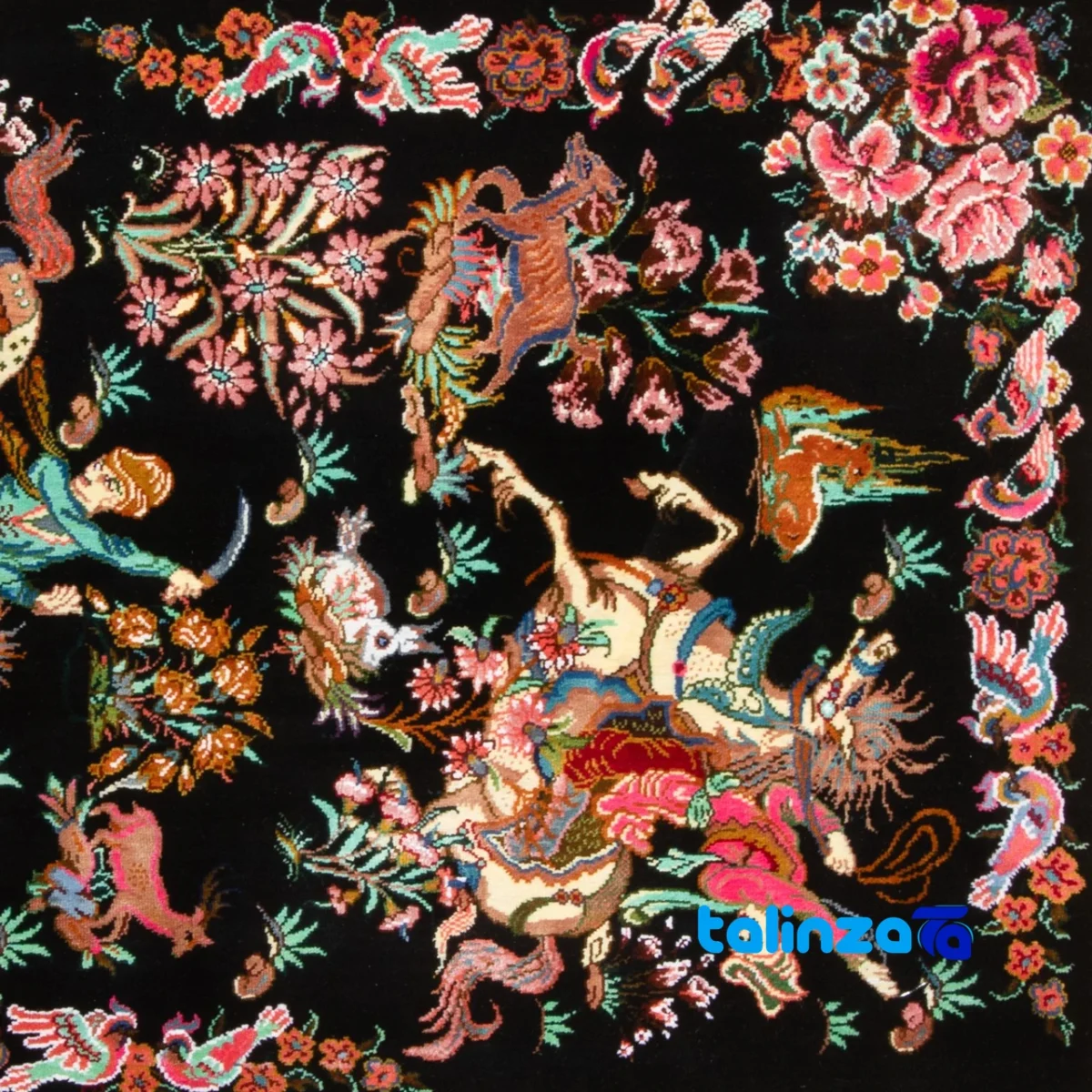 Edge view of C Persia Handwoven Tapestry Miniature Hunting Scene border and finishing