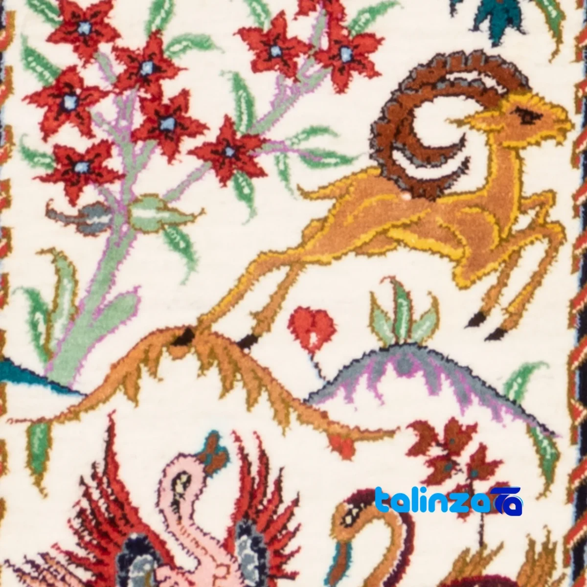 Edge view of Si Persia Handwoven Carpet Wall Art Hunting Scene border and finishing