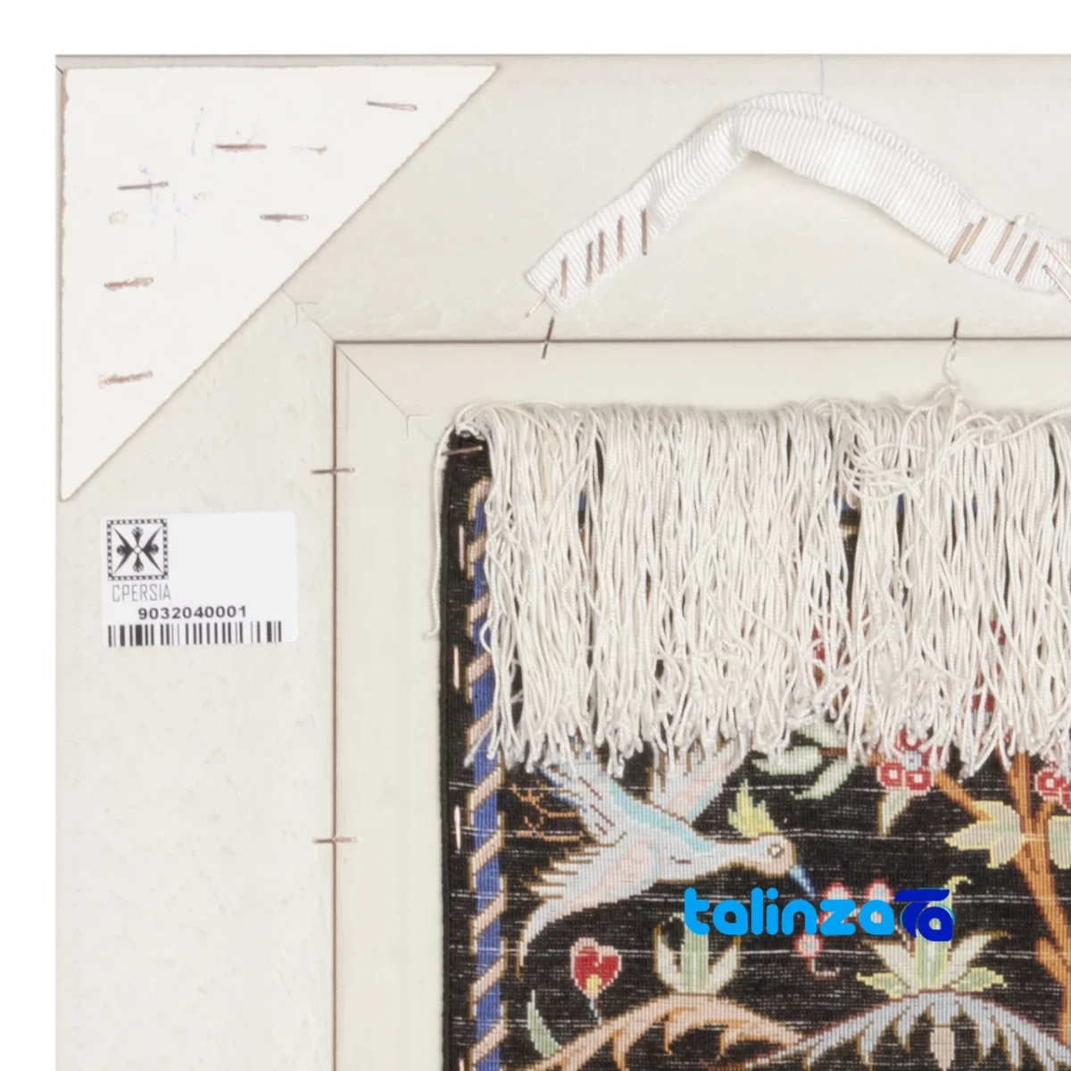 Edge view of Si Persia Handwoven Carpet Wall Art Hunting Scene border and finishing