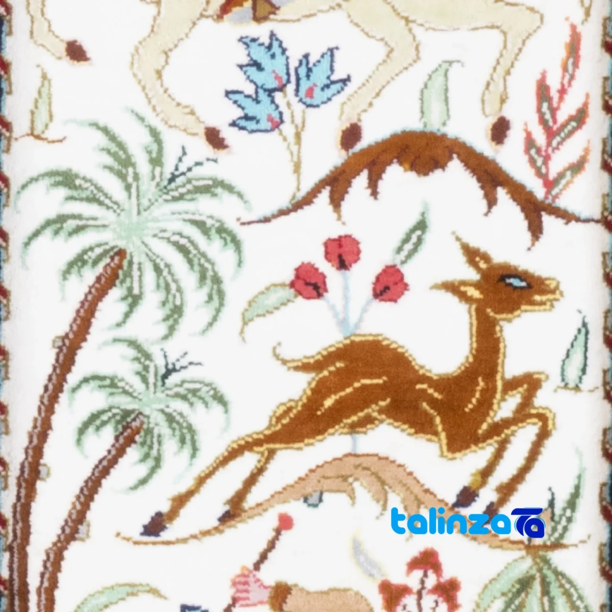 Edge view of Si Persia Handwoven Carpet Wall Art Hunting Scene border and finishing