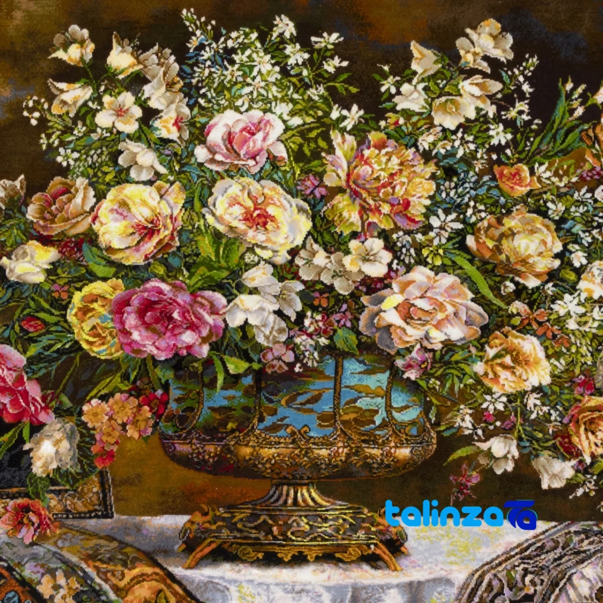 Edge view of C Persia Handwoven Carpet Wall Art Flower in Vase border and finishing