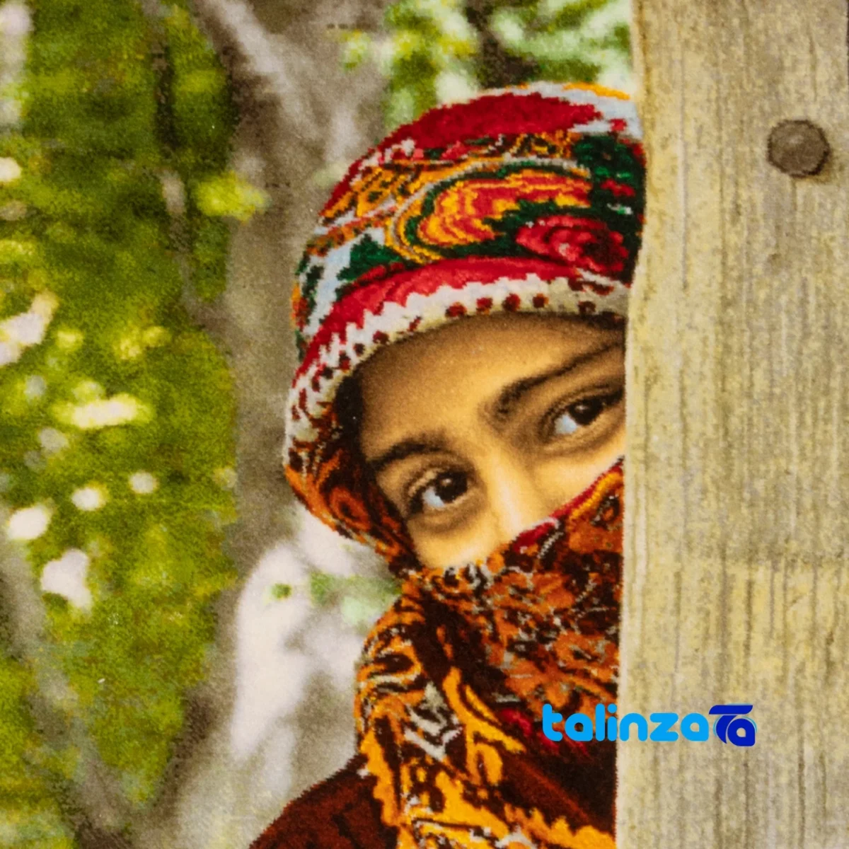 Edge view of C Persia Handwoven Tapestry Turkish Girl Model border and finishing