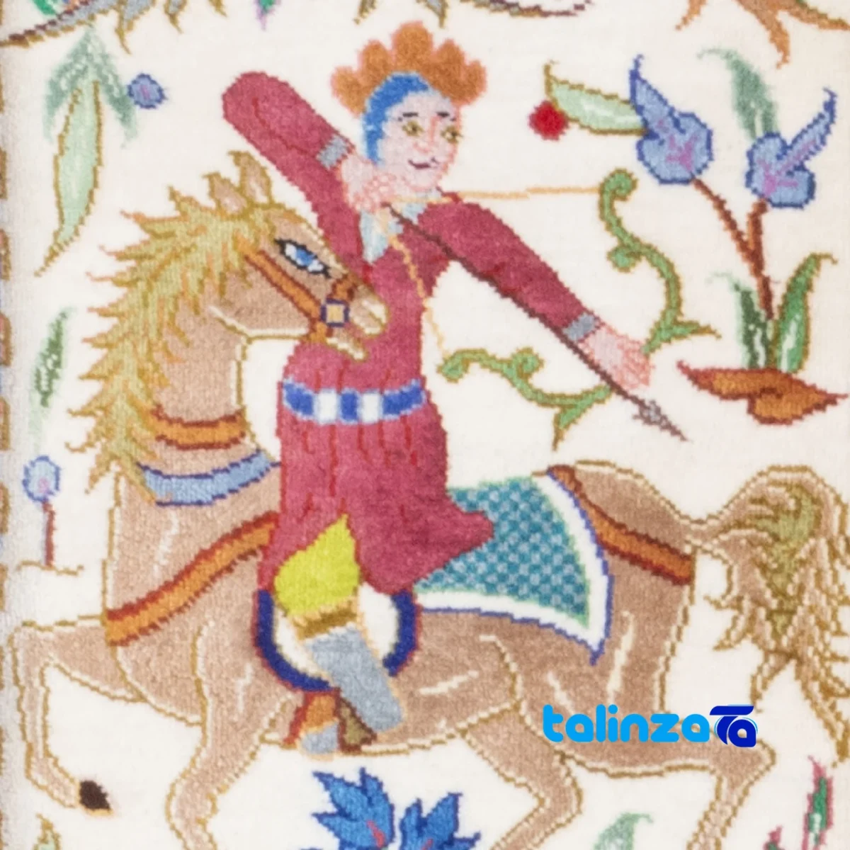 Edge view of C Persia Handwoven Carpet Wall Art Hunting Scene border and finishing