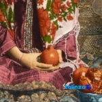Edge view of C Persia Handwoven Carpet Wall Art Girl Kashan border and finishing