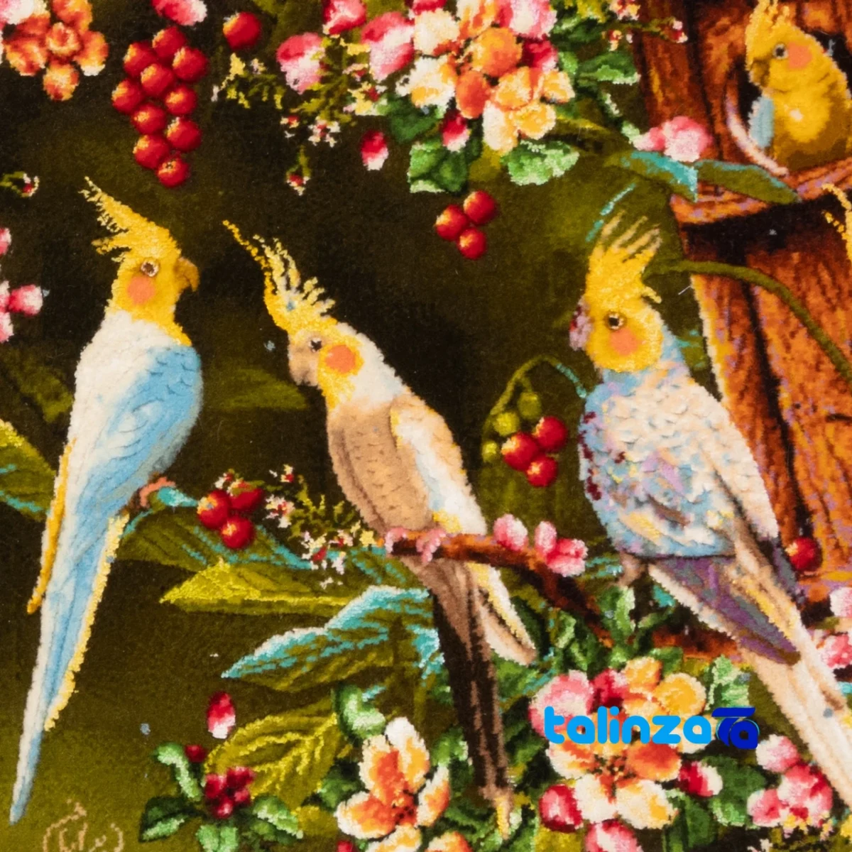 Edge view of Si Persia Handwoven Carpet Wall Art Cockatoo border and finishing