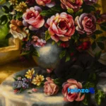 Edge view of Si Persia Handwoven Tapestry Rose Vase Design border and finishing