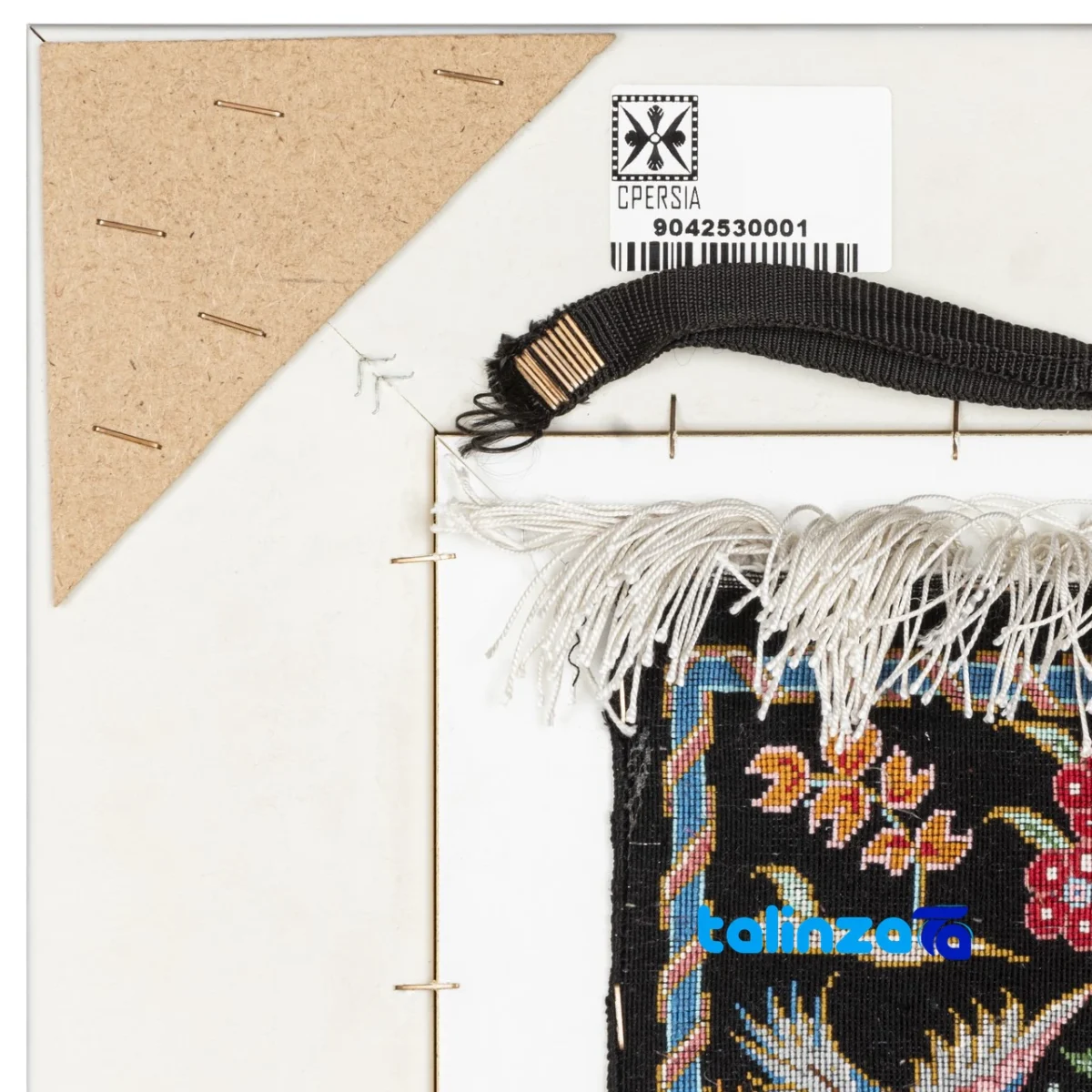 Edge view of Si Persia Handwoven Tapestry Hunting Scene border and finishing