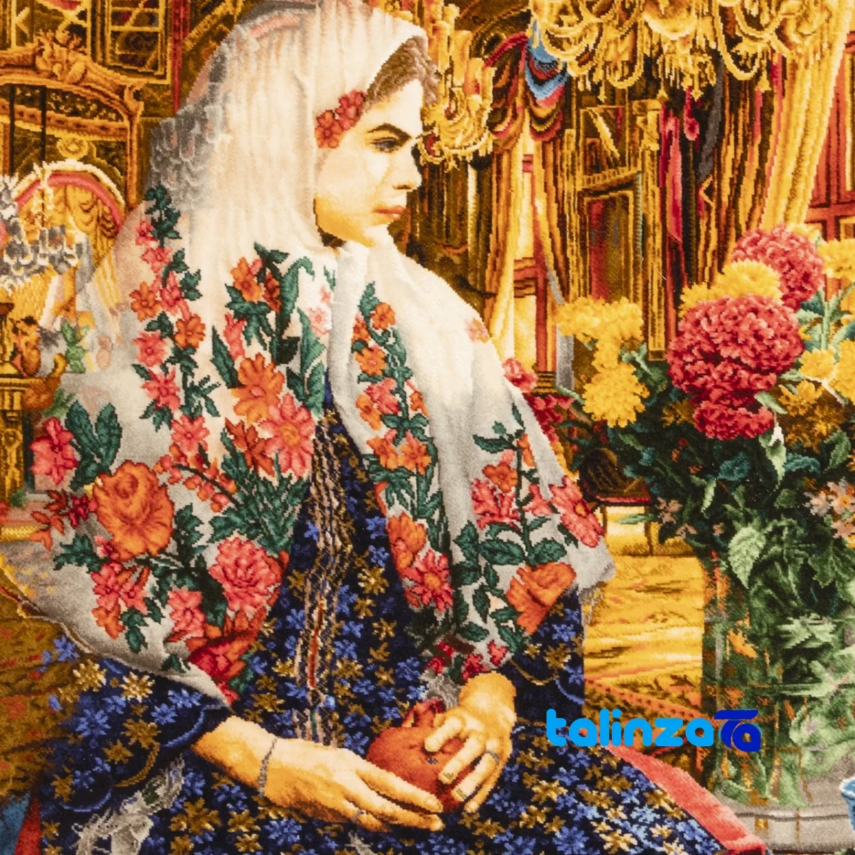 Edge view of C Persia Handwoven Tapestry Qajar Girl Artwork border and finishing