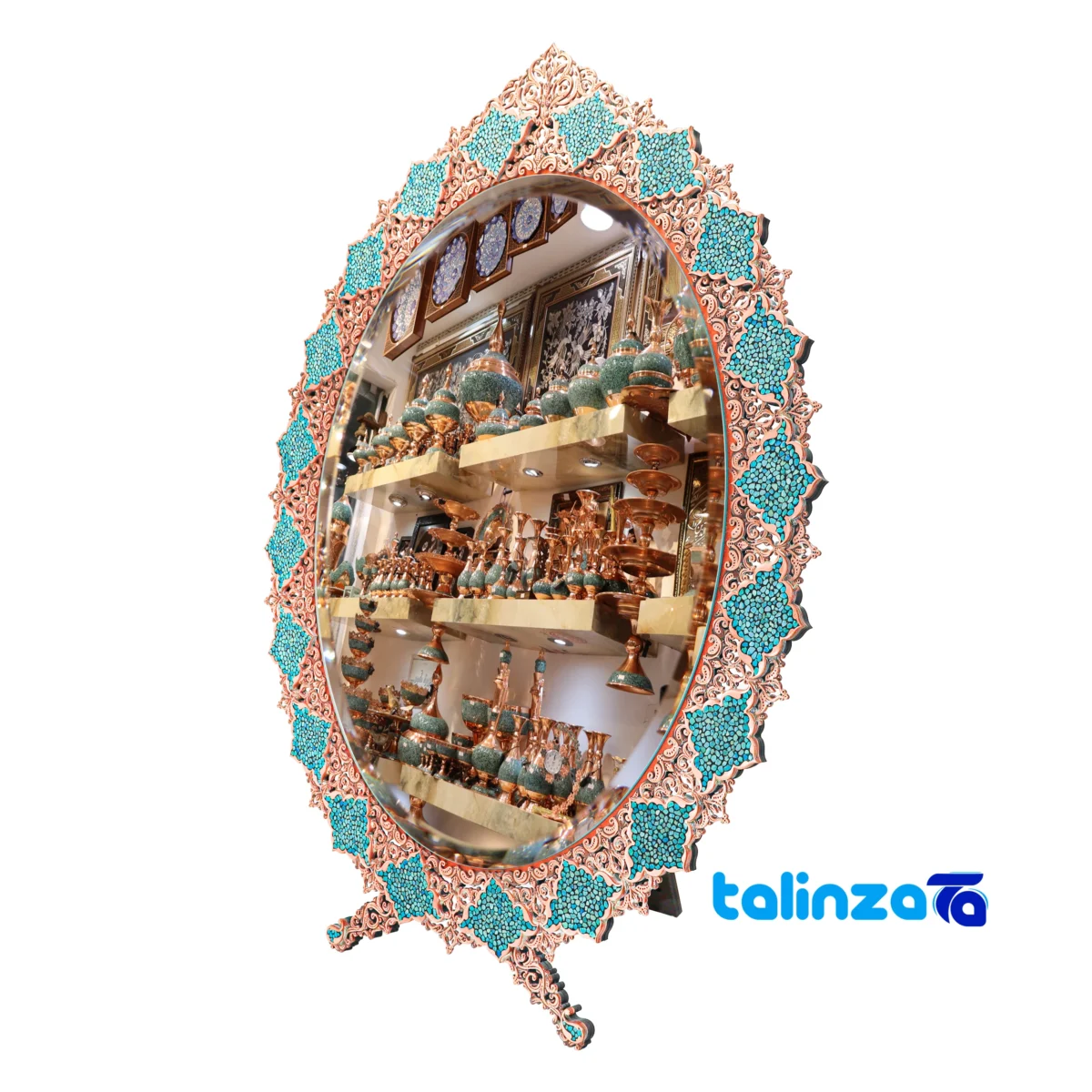 Detail view of Fakhra Turquoise Inlaid Mirror Candle Holder Set Copper finish and material