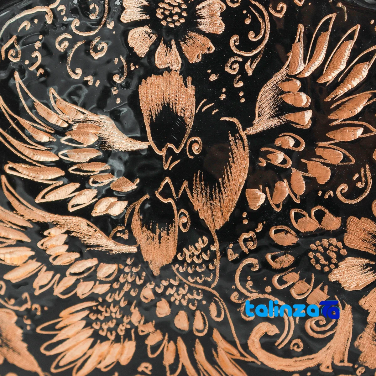Detail view of Copper Kashkul Diamond-Engraved Serving Bowl Diamond-cut finish and material