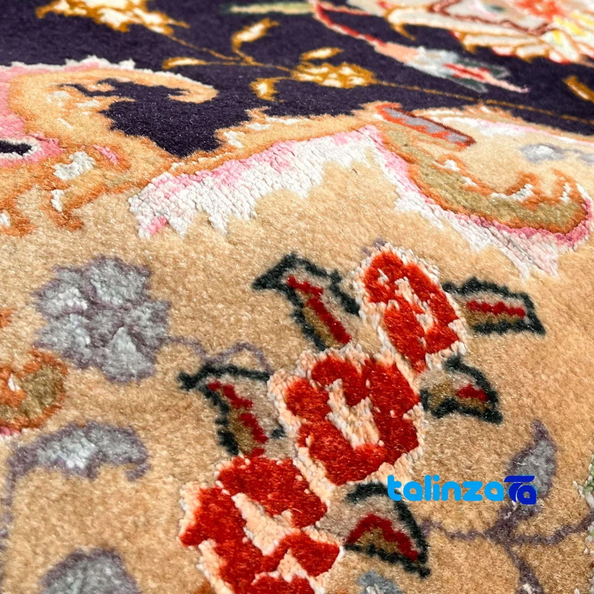 Handmade Tabriz Carpet NKP.RJ101 Navy - Corner detail showing binding and edges