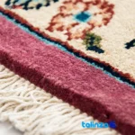 Handwoven Carpet Red with Blue Borders binding and edges (Corner detail)