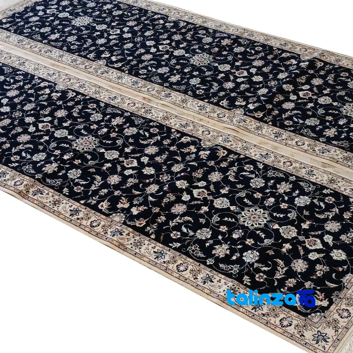 Nain Handwoven Area Rug Floral Design Navy Hand washable border and finishing (Edge view)