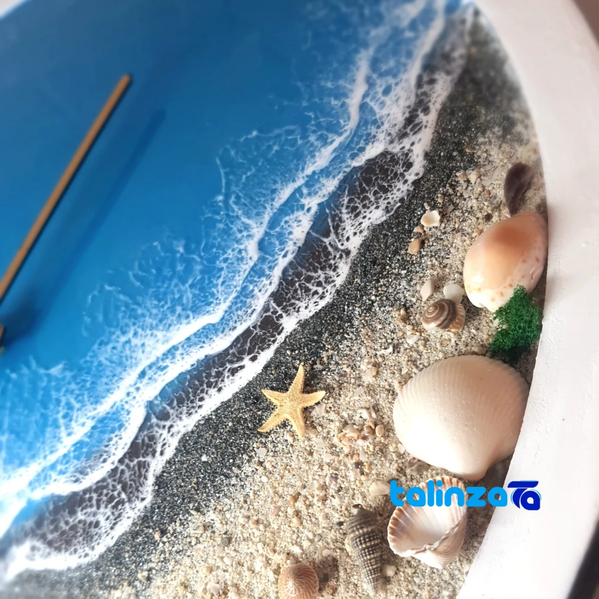 Detail view of Handcrafted Resin Wall Clock Night Sea Tehran movement and rear mount