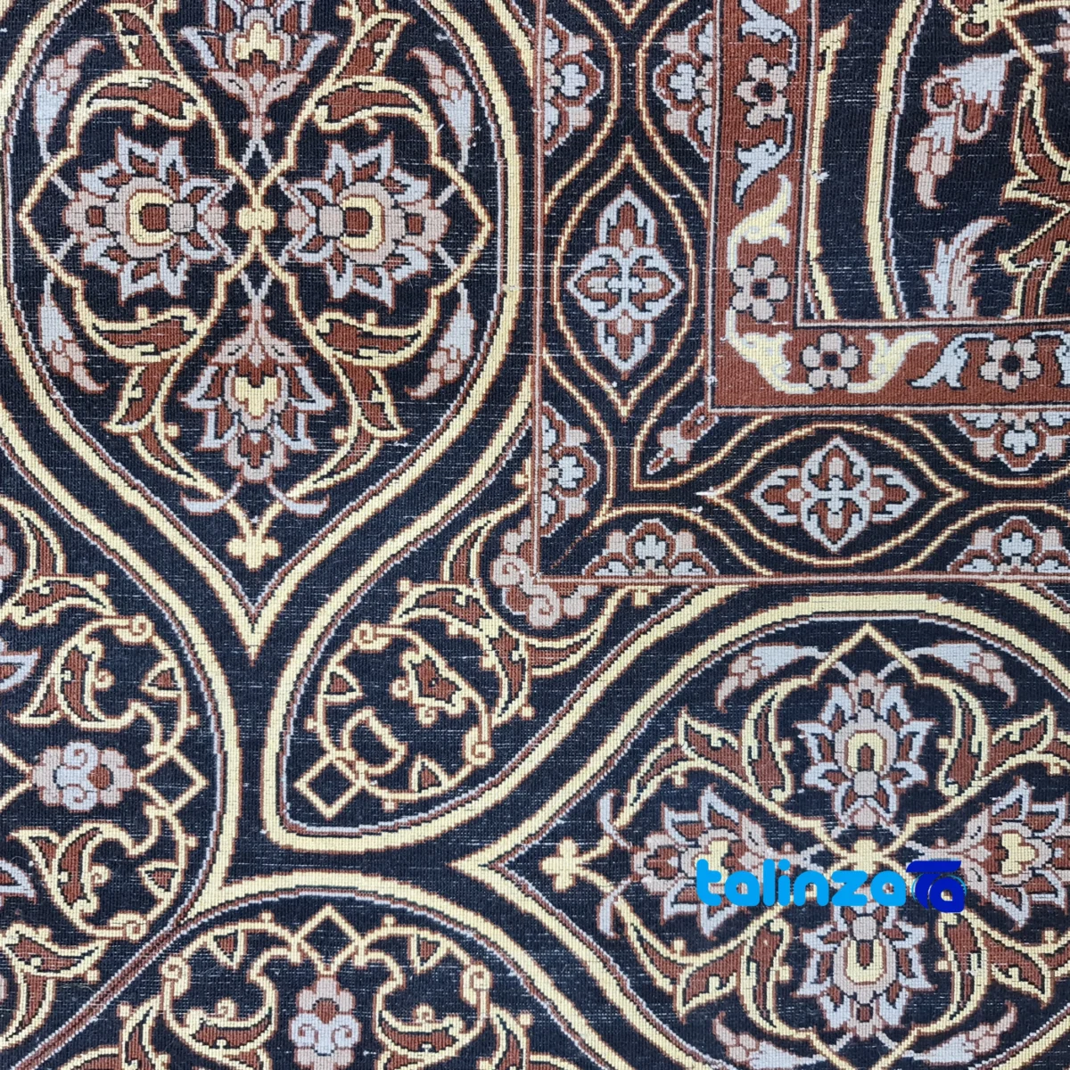 Haj Bagheri Handwoven Carpet Black binding and edges (Corner detail)