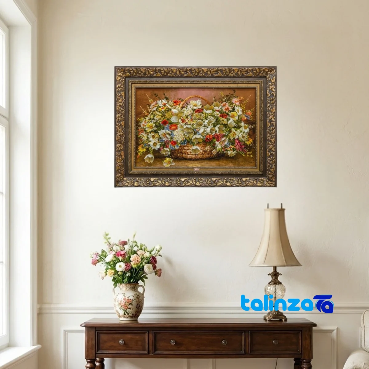 Edge view of TDJ Handwoven Carpet Wall Art Tulip Design border and finishing