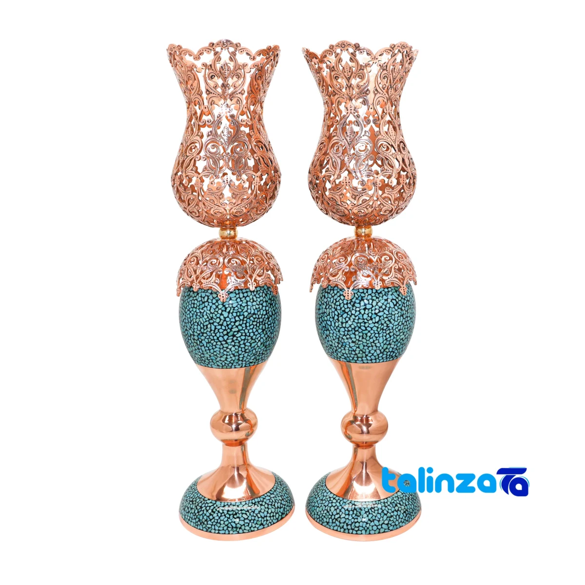 Side view of Magnificent-Art Turquoise Mirror Candleholder Set Decorative Copper profile and structure