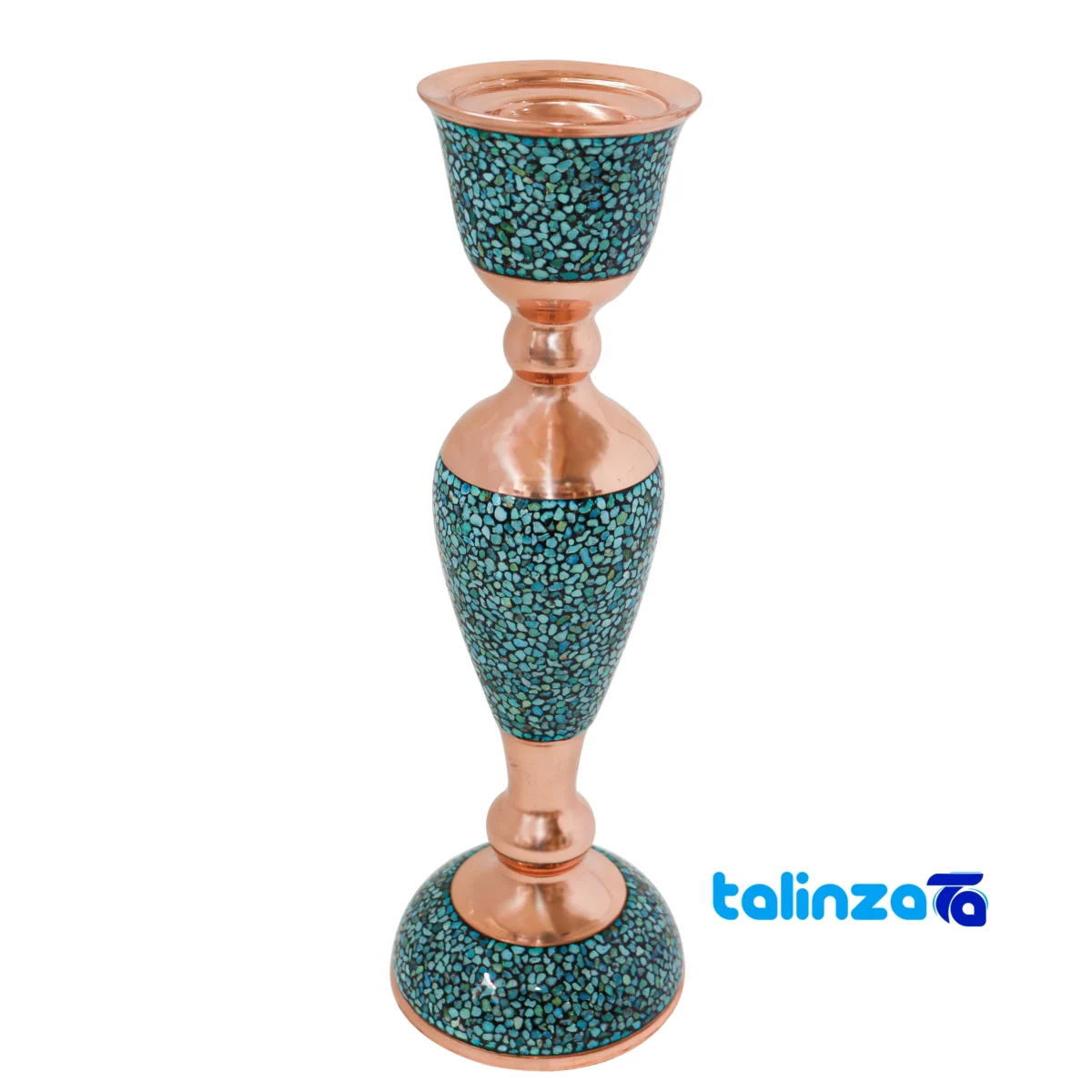 Side view of Turquoise Inlaid Mirror Candleholder Set Narrow Waist profile and structure