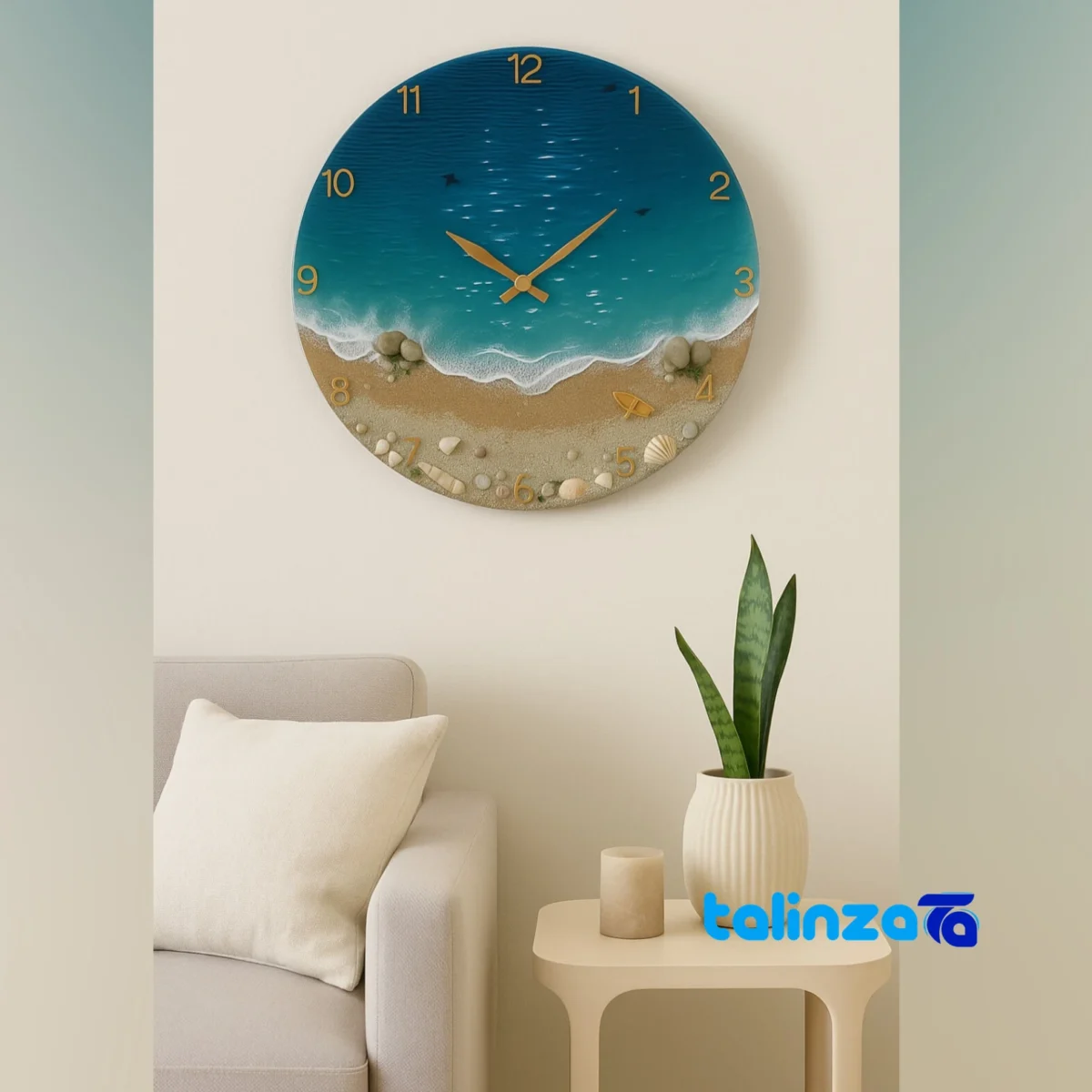 Handcrafted Resin Wall Clock Beach Wave Design - Lifestyle shot showing room decoration context