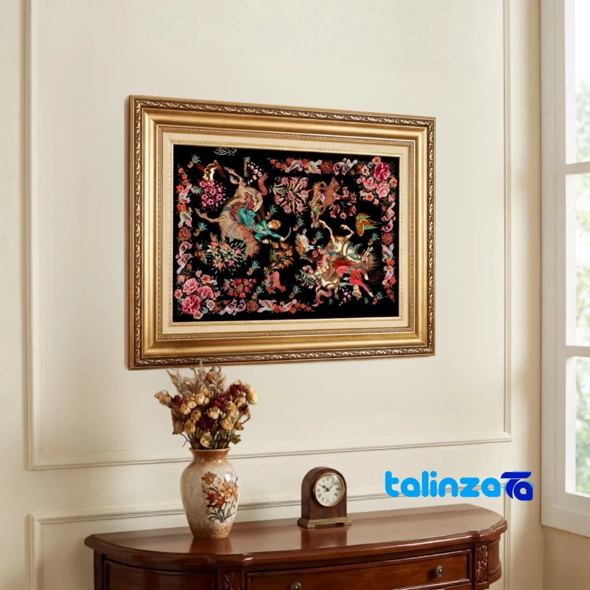 In-room view of C Persia Handwoven Tapestry Miniature Hunting Scene room styling and scale