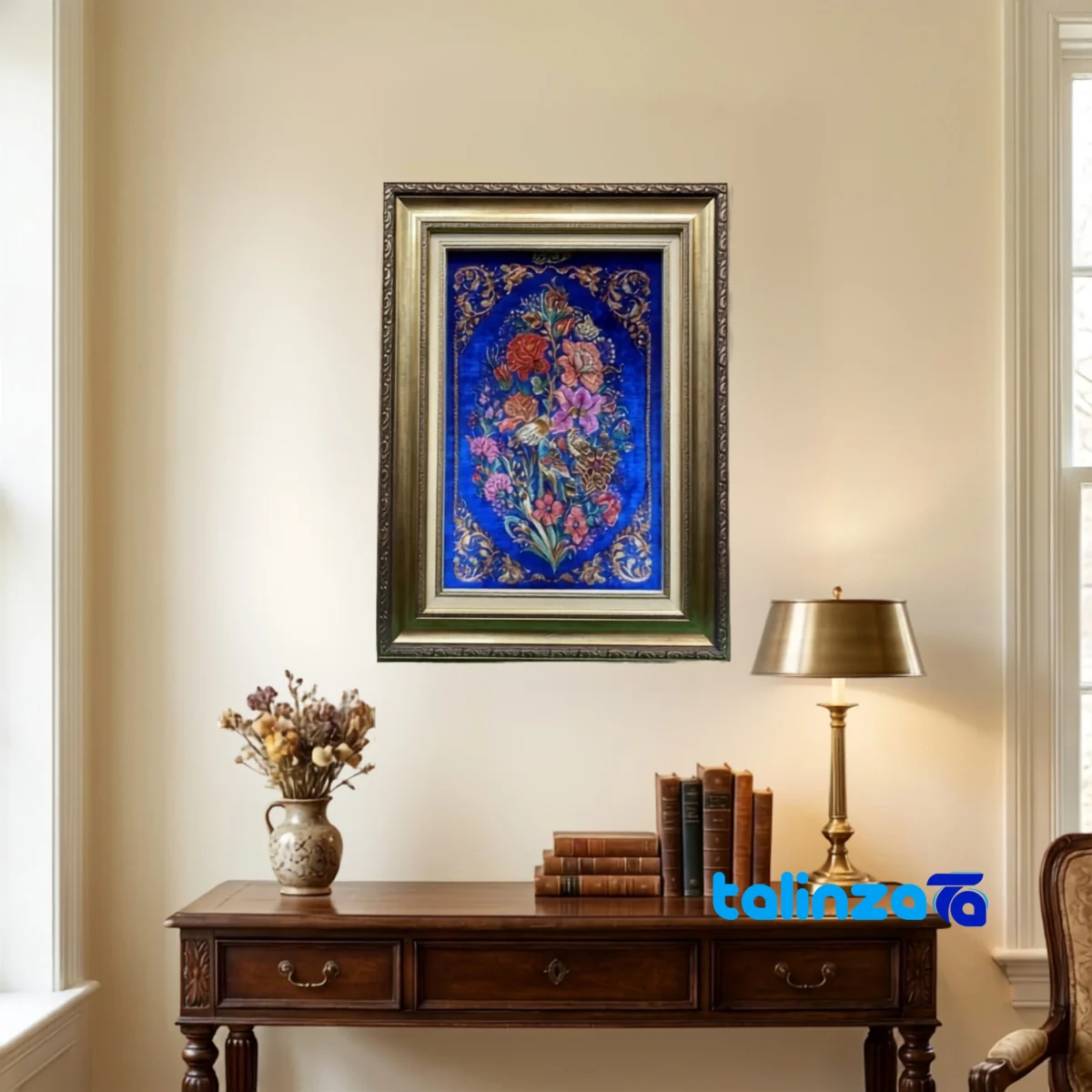 In-room view of Handmade Carpet Wall Art Floral Design room styling and scale