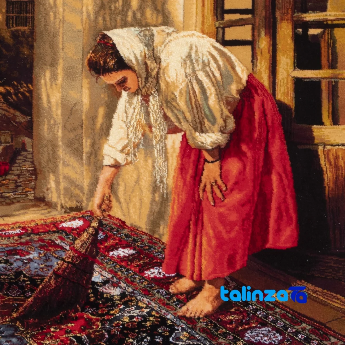In-room view of C Persia Handwoven Carpet Tapestry Girl Sweeping room styling and scale