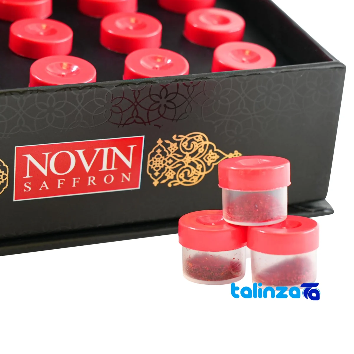 Front view of Novin Saffron Powder Premium Quality Packet grade and packaging